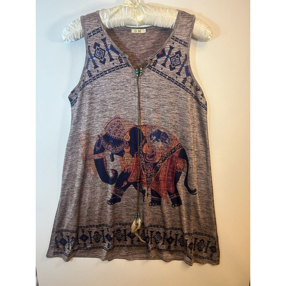 GM Women’s L/XL Boho Elephant Print Sleeveless Tunic Dress Feather Tie Brown Top - Picture 14 of 16